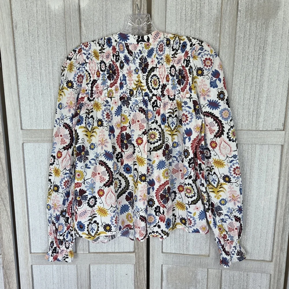 Boden Smocked Yoke Cotton Blouse Womens Size 6 Multi Ornamental Garden Print